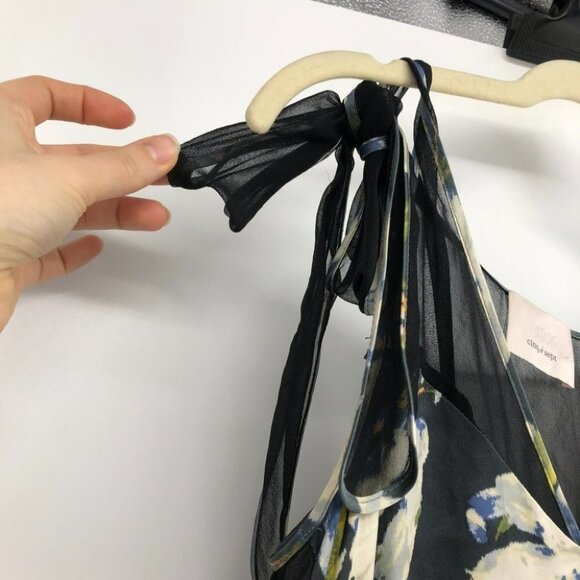 Cinq a sept (5 a 7) floral lily print black satin mesh  panel tie shoulders - Picture 10 of 13